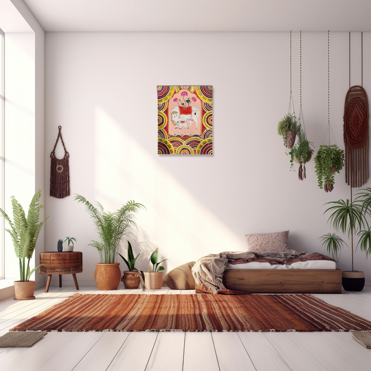 16x20 inch sacred Cow & Calf Folk Lipan Art; Mud-Clay-Mirrors-Acrylic Painting;Handmade Rustic Indian Ethnic Wall Decor-Mother-Child-Gaumata