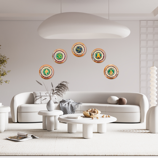 5x Hindu Symbols Circle Lippan Wall Art - 12inch_Om_Swastika_Namaste_Conch/Shank_Kalash