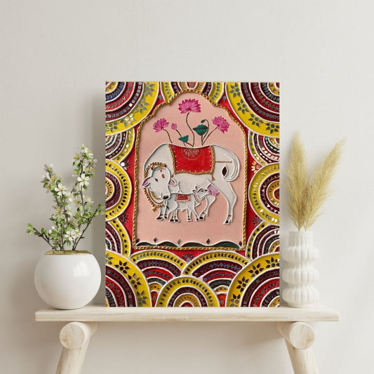 16x20 inch sacred Cow & Calf Folk Lipan Art; Mud-Clay-Mirrors-Acrylic Painting;Handmade Rustic Indian Ethnic Wall Decor-Mother-Child-Gaumata